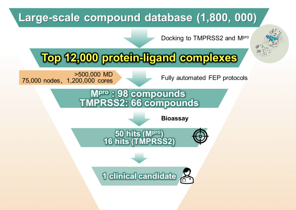 Drug discovery screening funnel showing reduction from a database of 1.8 million compounds through docking, molecular dynamics simulations, and bioassays to identify a final clinical candidate.