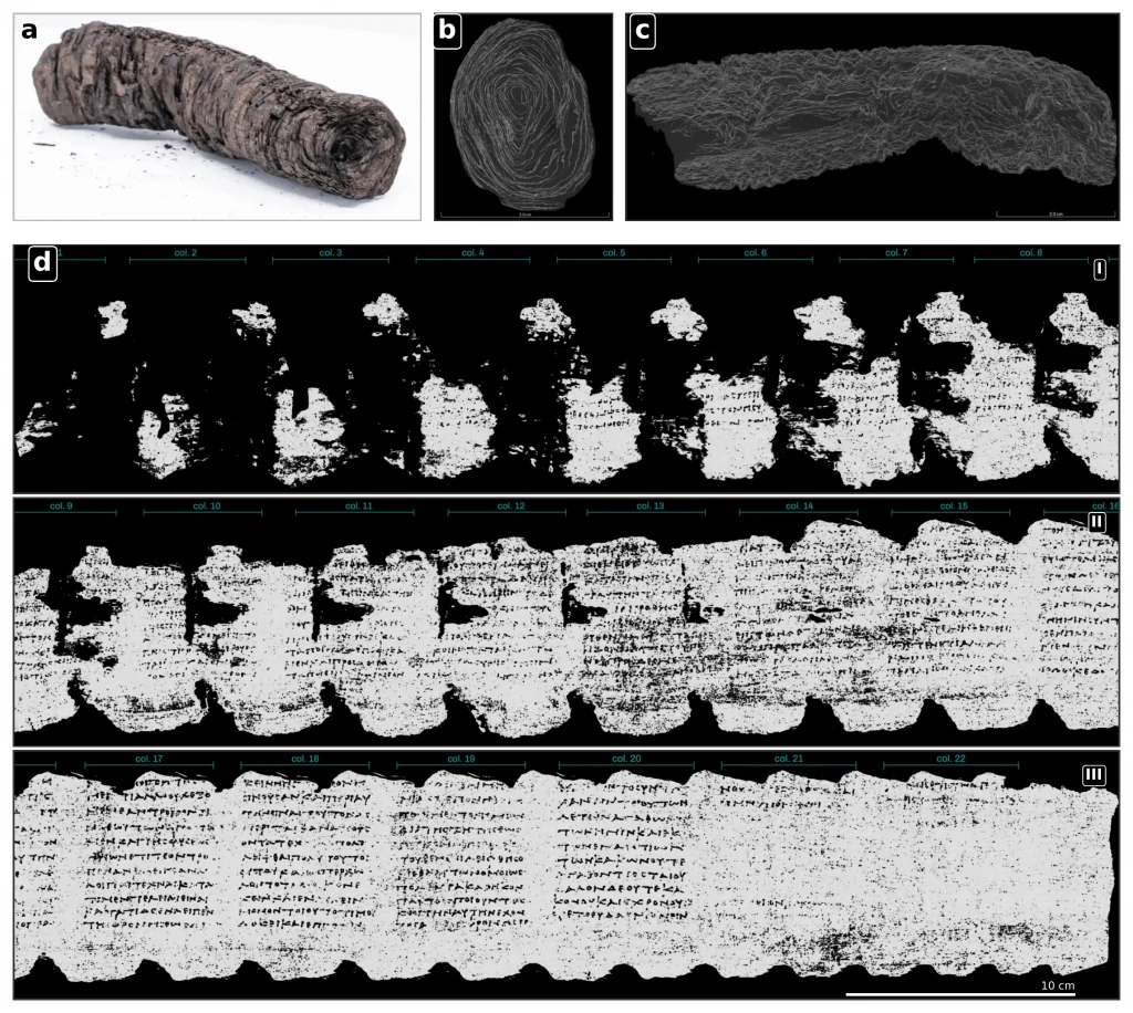 Four-part visualization: the carbonized Herculaneum scroll, CT scan cross-sections, and the virtually unwrapped ancient Greek text